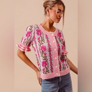 Fuchsia pink floral intarsia Puff Sleeve boho bohemian cardigan sweater